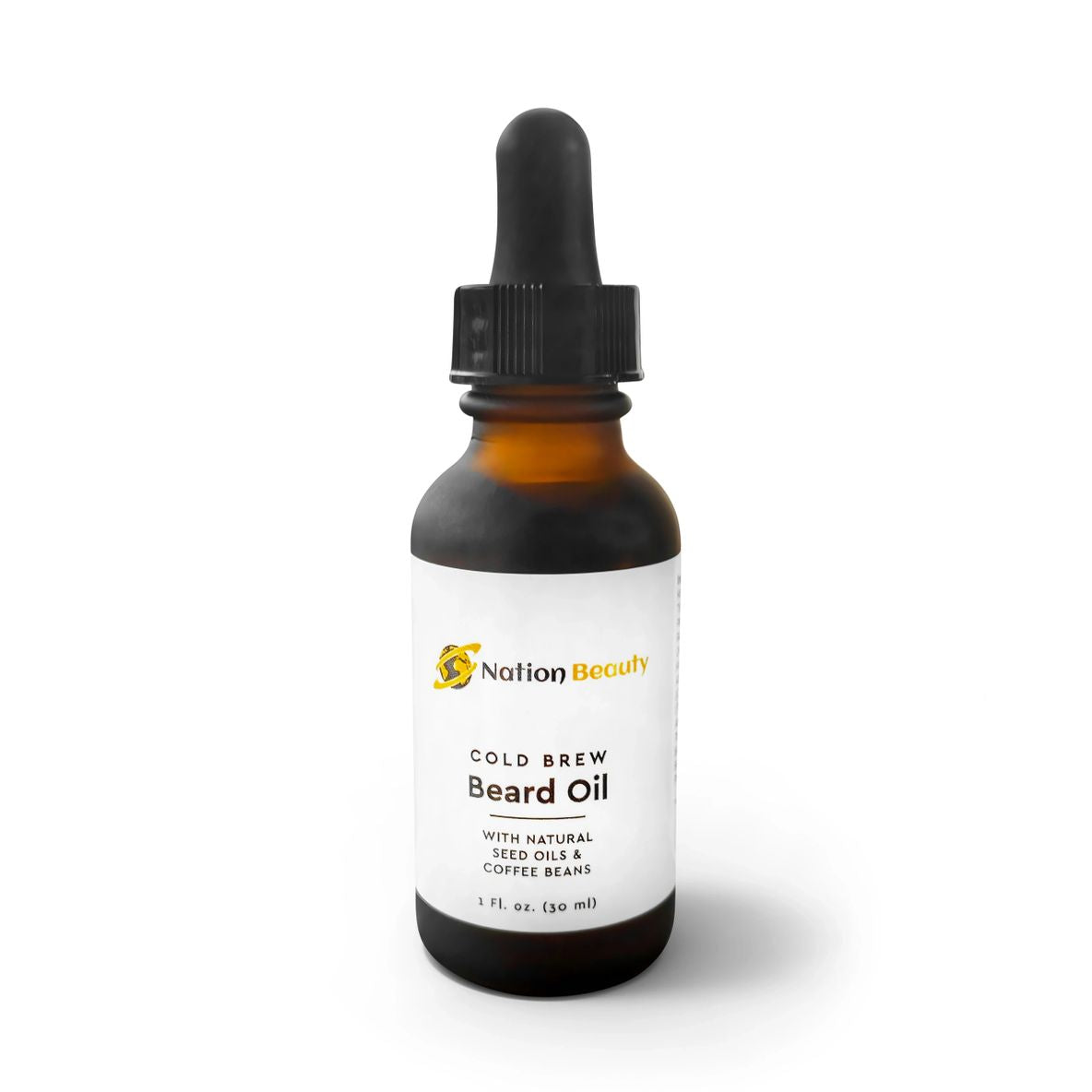 Bottle of Cold Brew Beard Oil with Nation Beauty label on a white background