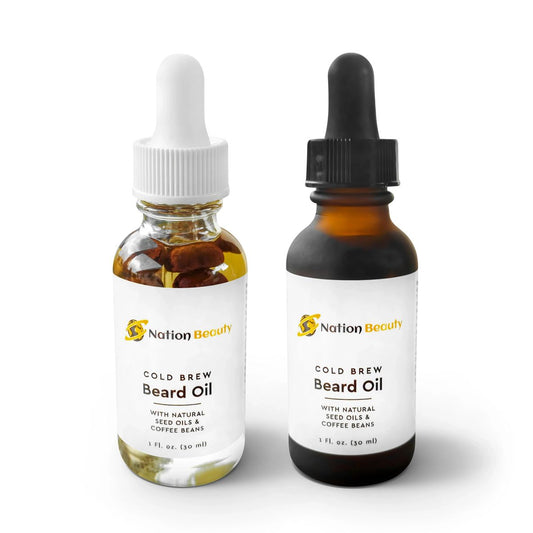Two bottles of Nation Beauty Cold Brew Beard Oil on a white background