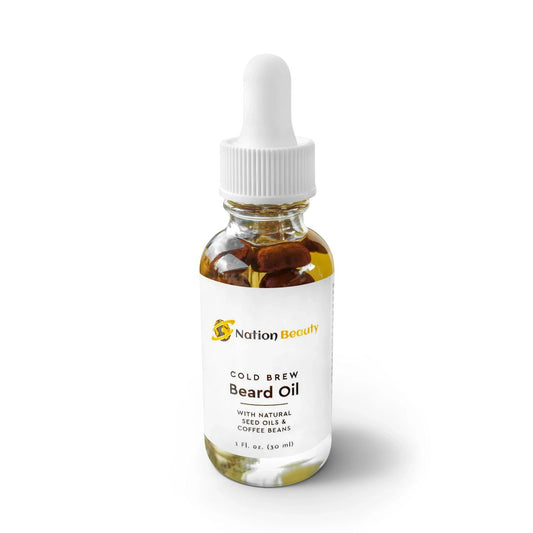 Bottle of Cold Brew Beard Oil with a dropper on a white background
